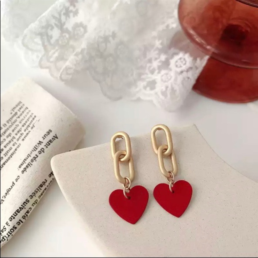 Red Heart with Gold Link Chain Earrings